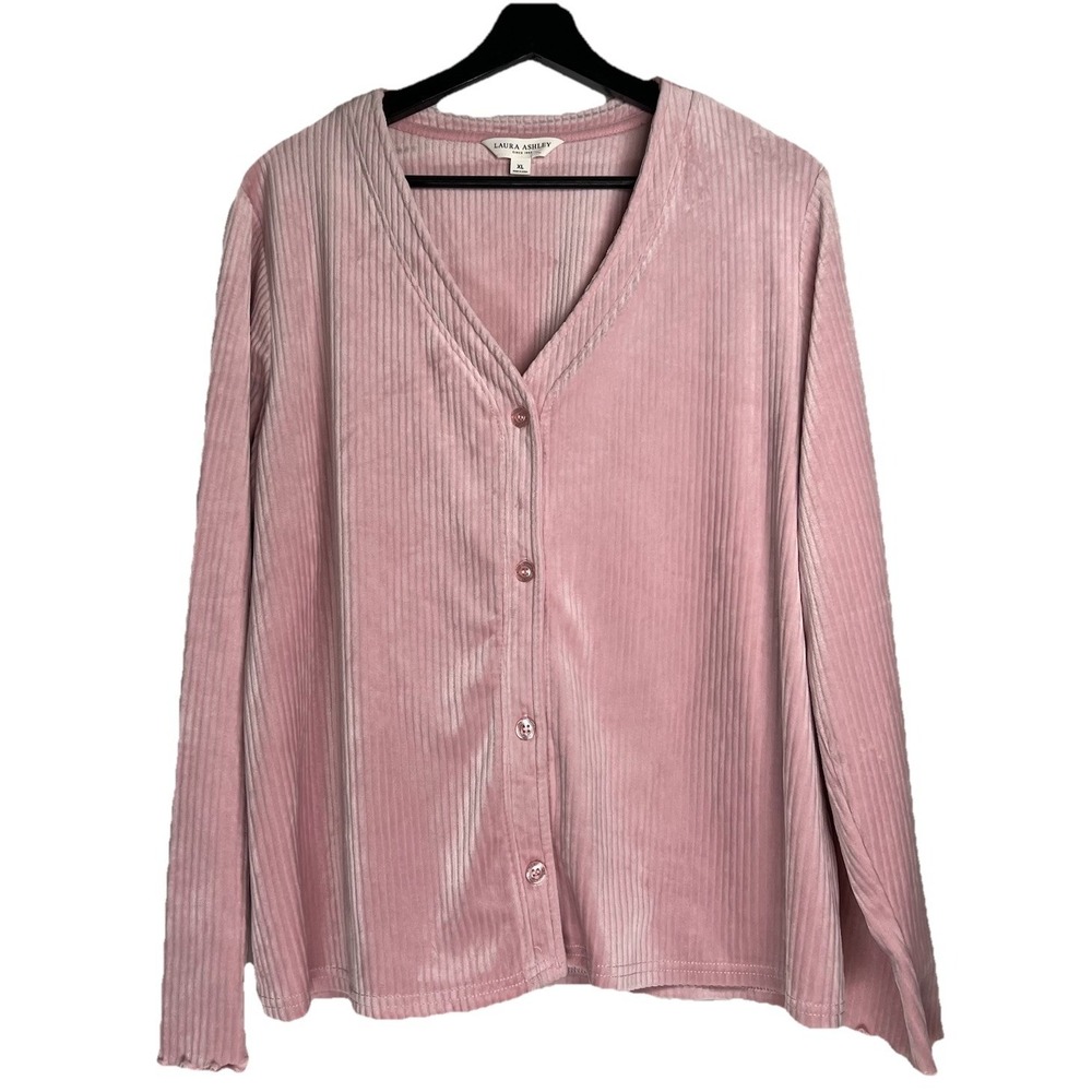 Laura Ashley Womens XL Pink Ribbed Pajama Set Button Cardigan Pants Soft